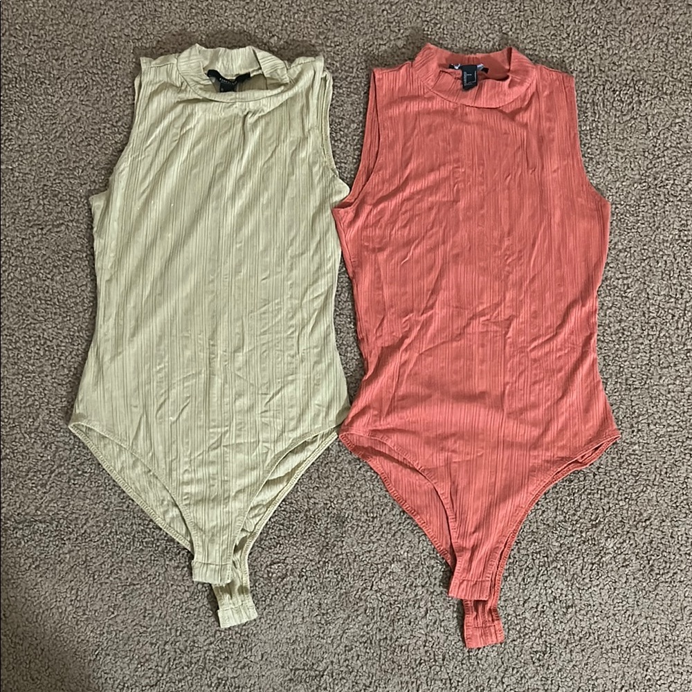 Sleeveless Ribbed Bodysuits in Cream and Coral